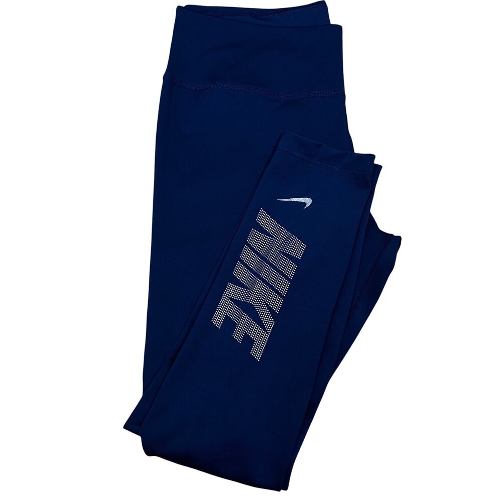 Nike Womens Leggings Dri Fit Mid Rise 7/8 Graphic Logo Navy L Active Gym Running - Picture 4 of 12